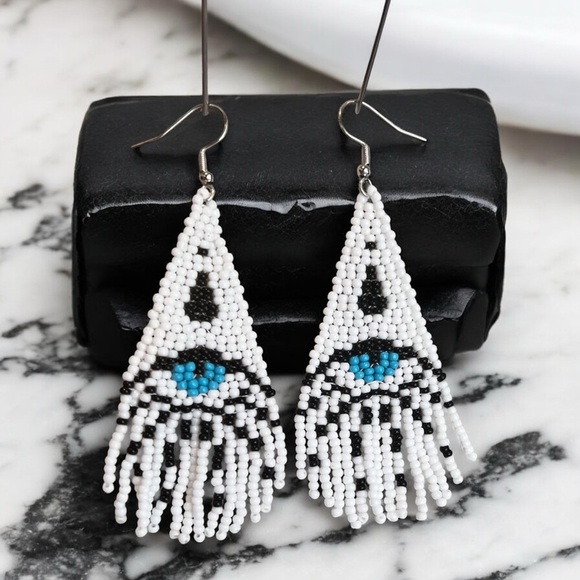 Evil Eye Seed Bead Fringe Earrings: Boho Dangle Earrings Handcrafted White Blue - Picture 5 of 17